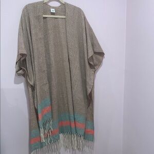 Tan Herringbone Fringe Open Shawl - One Size Fits Most